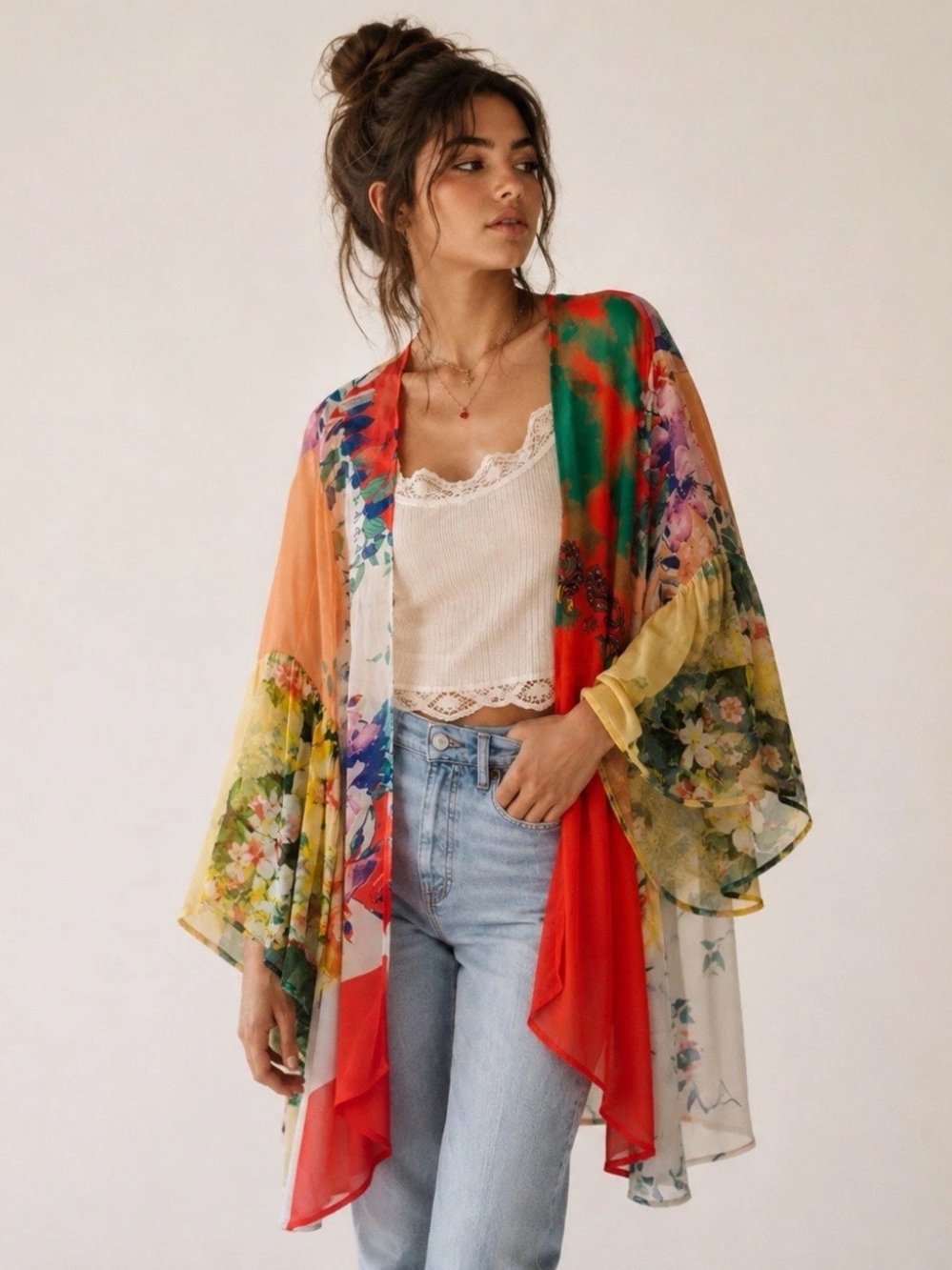 Anthropologie Saachi Sheer Floral Kimono Jacket Bell SIvs. Boho Fairy One Size